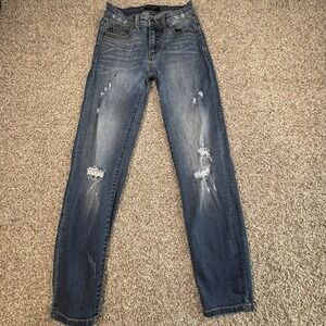 Judy Blue Jeans womens 3/26 Medium Wash Blue Denim Relaxed‎ Fit Distressed Ankle